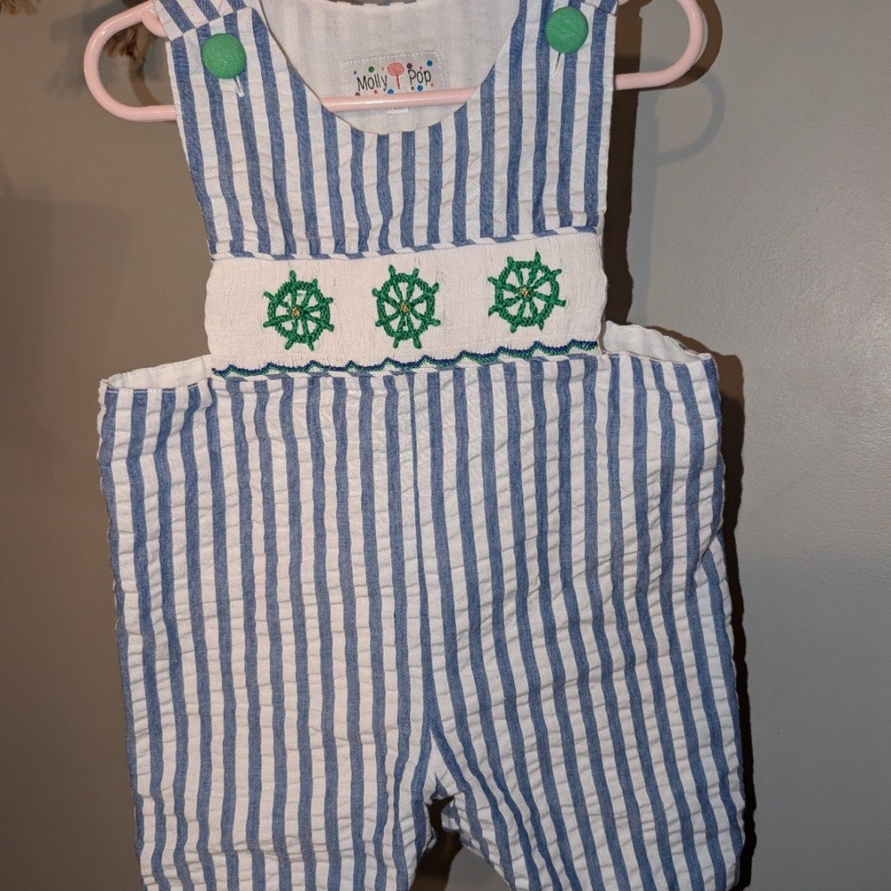 Molly & Pop Blue and White Striped Smocked Romper